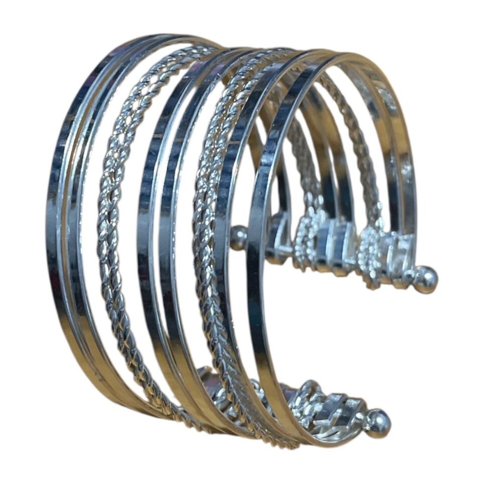 New Silver 40mm 10-Band Smooth & Twist Textured Steel Bangle Cuff Bracelet BR428